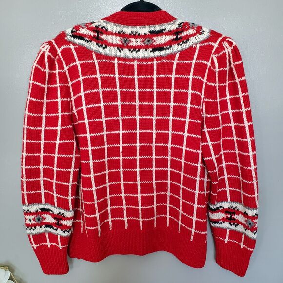 Vintage Lands' End Cardigan Sweater Womens Size Large Red Grid Floral Wool Knit - Picture 6 of 10